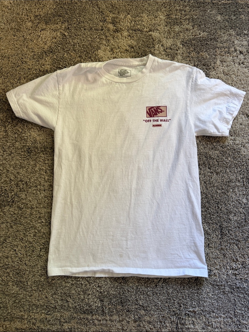 Vans White Short Sleeve Tee with Maroon 'Off The Wall' Chest Logo